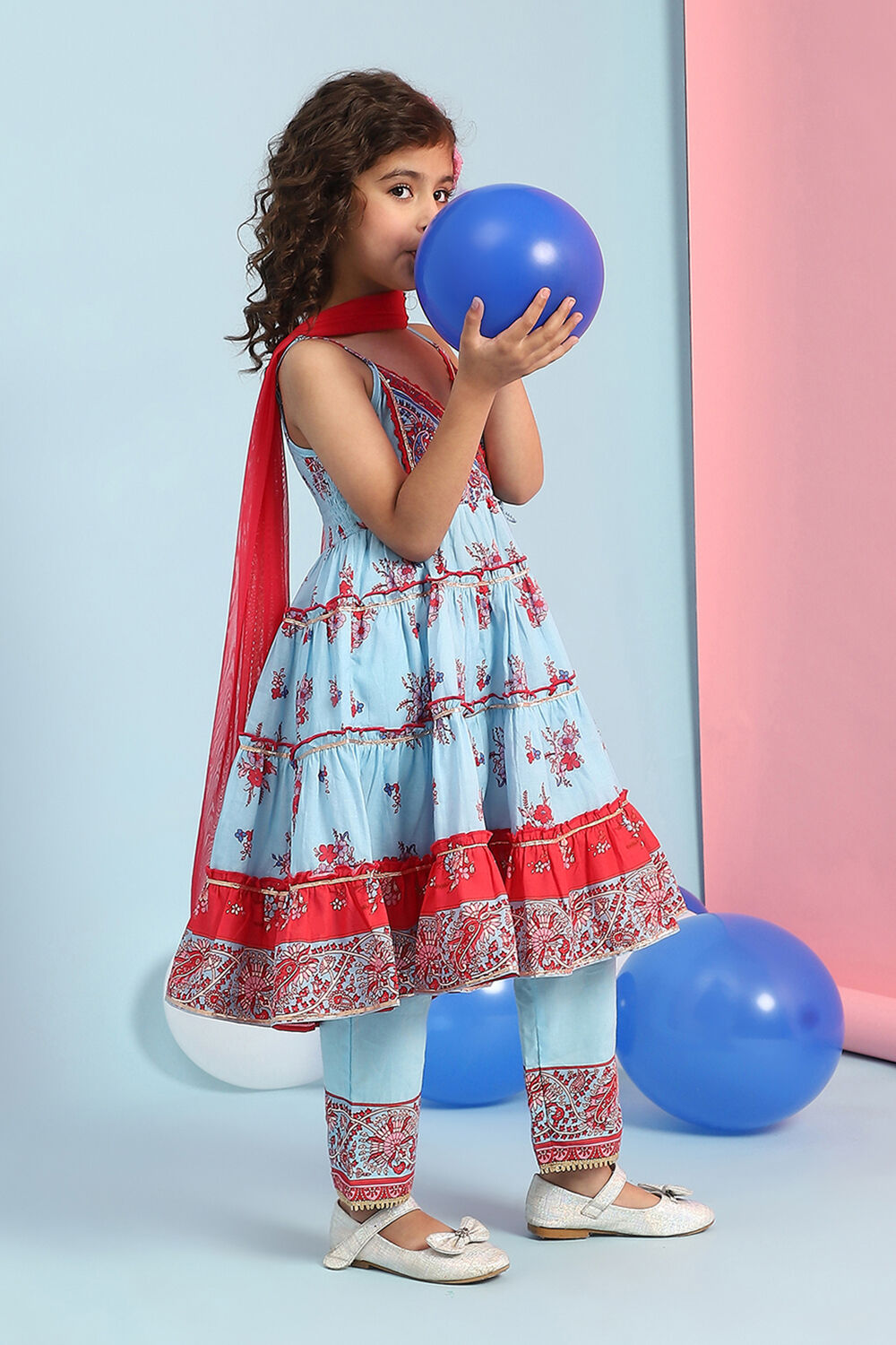 Sky Blue Cotton Printed Tiered Suit Set image number 6