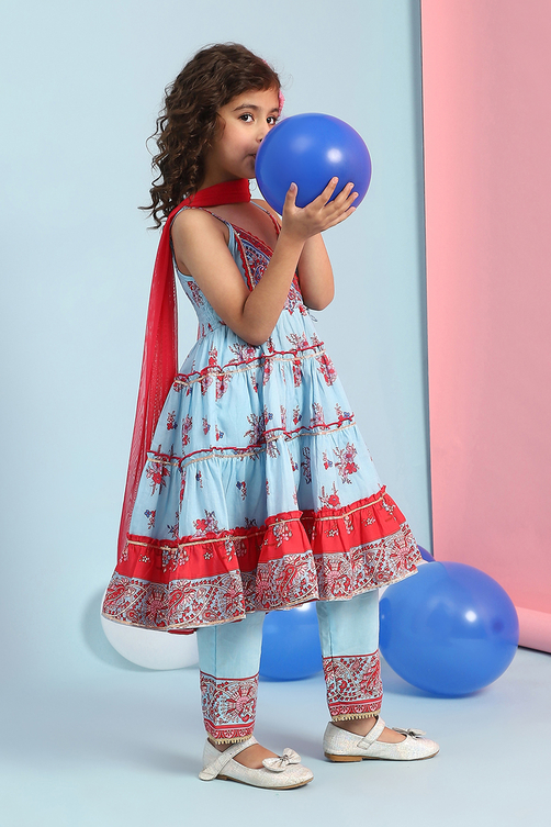 Sky Blue Cotton Printed Tiered Suit Set image number 6