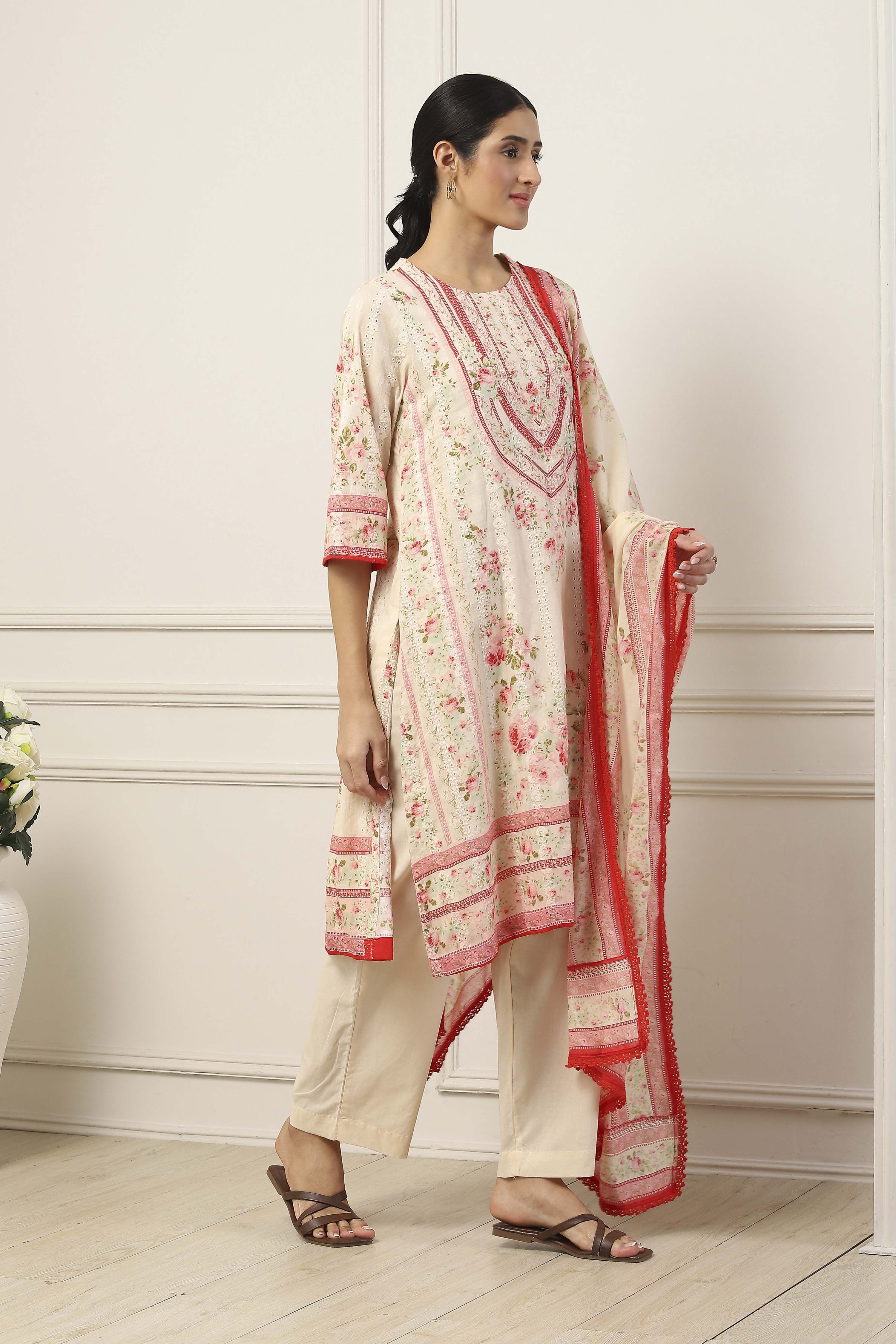 White Cotton Floral Printed A-Line Suit Set image number 5