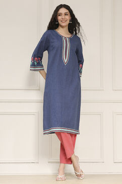 Indigo Blue Cotton Printed Straight Kurta image number 0