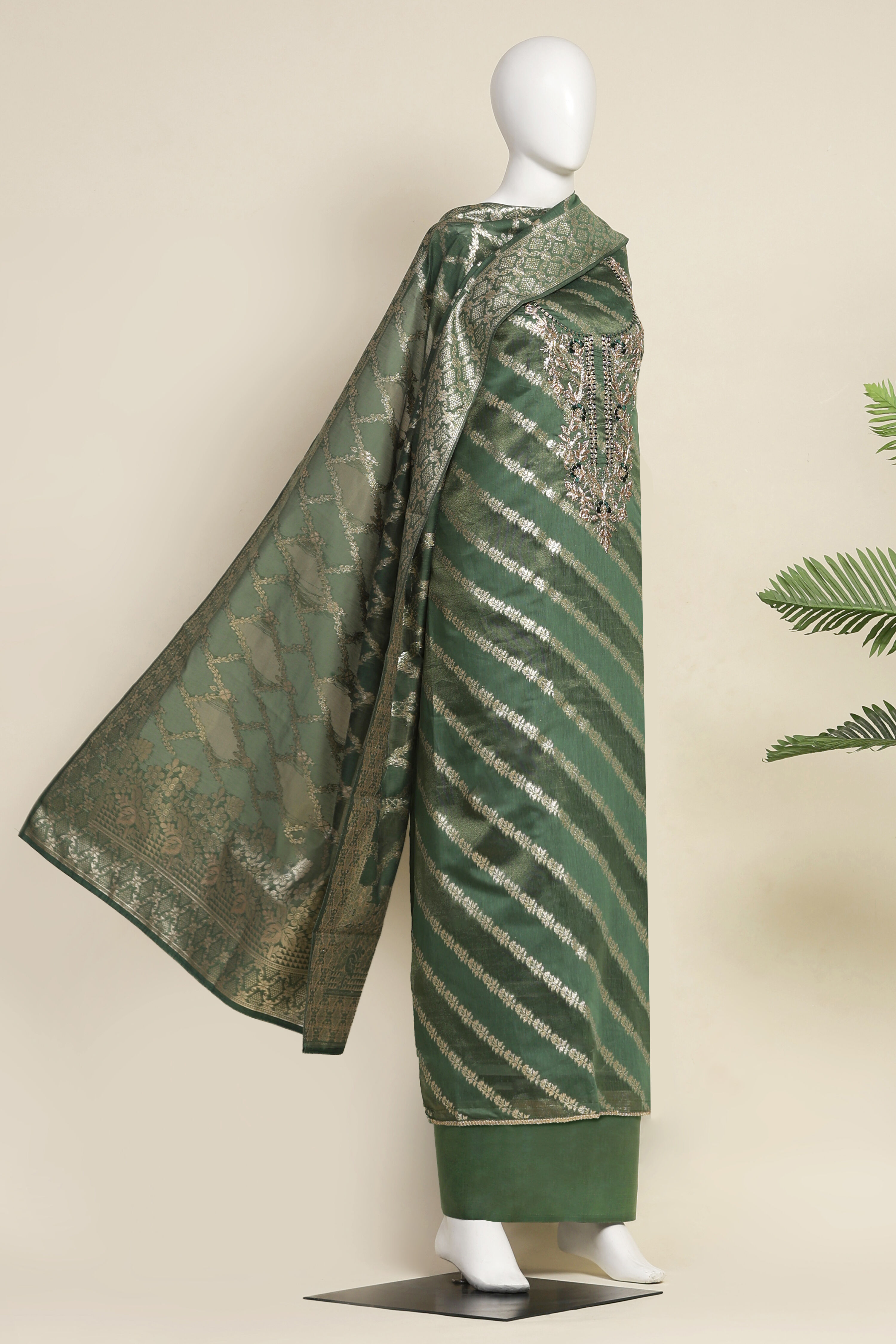 Botle Green Tissue Chanderi Embroidered Unstitched Suit Set image number 4