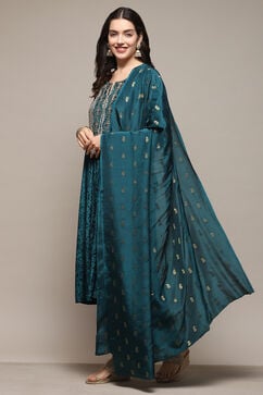 Teal Polyester Straight Embroidered Kurta Palazzo Suit Set image number 4