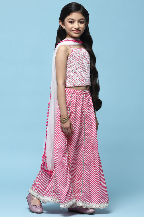 Pink Cotton Embroidered Blouse & Lehenga With Net Dupatta image number 6