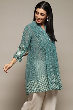 Teal Polyester Straight Printed Top image number 3