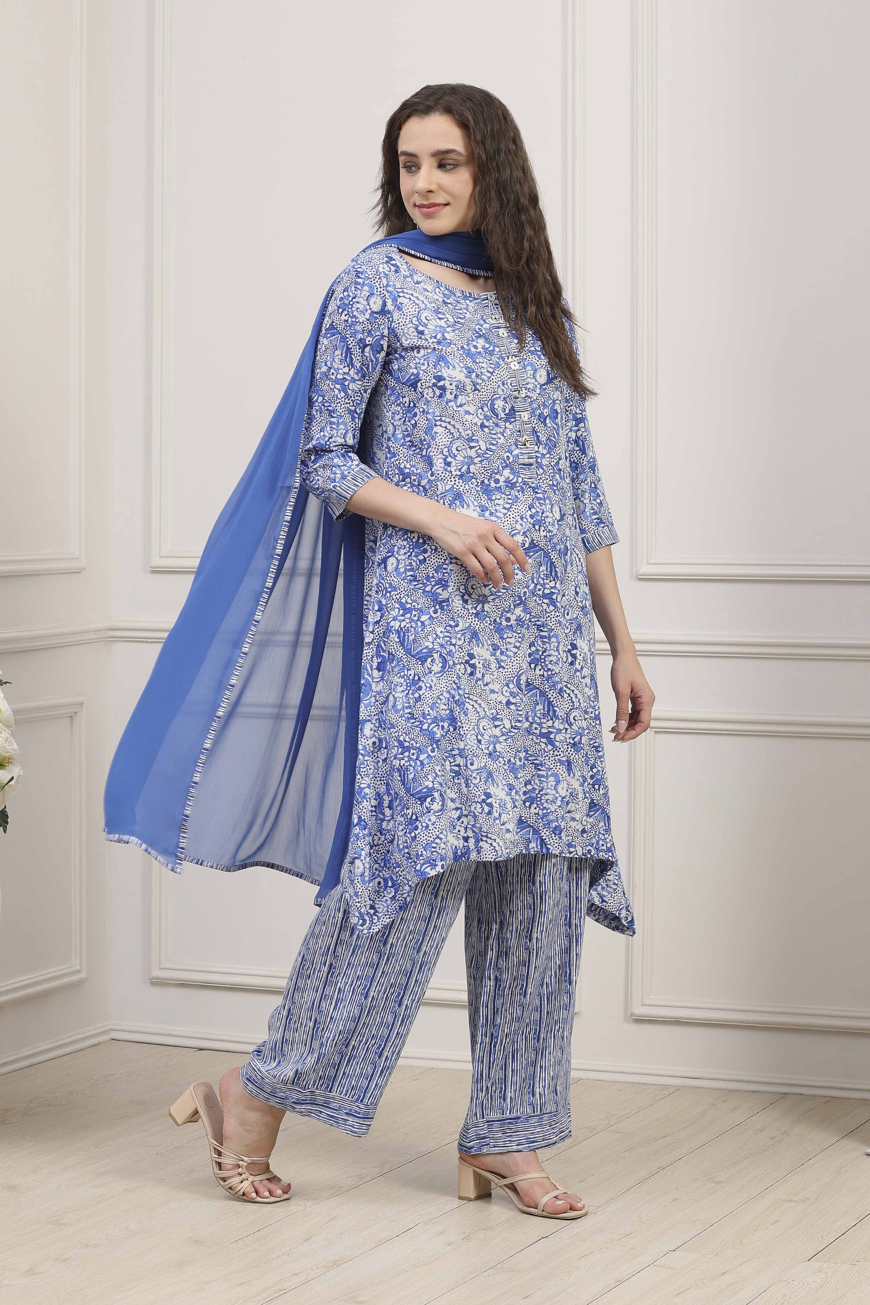Blue Rayon Printed Straight Suit Set image number 5