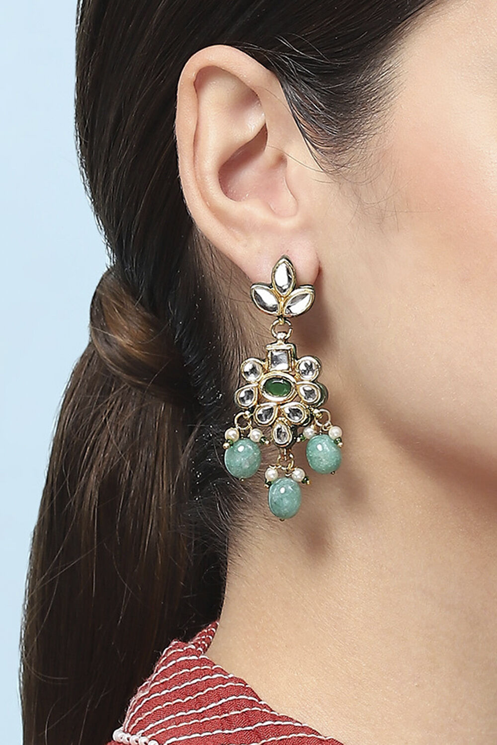 Green Kundan Festive Drop & Danglers image number 3