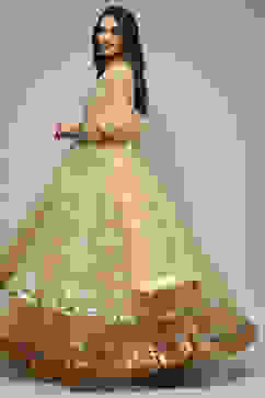 Beige Nylon Front Open Embroidered Kurta Lehenga Set image number 4