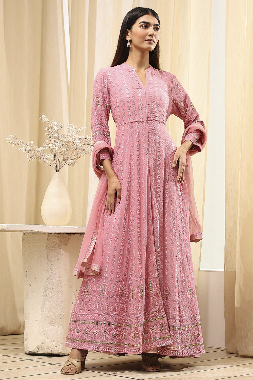Powder Pink Embroidered Front Open Suit Set image number 0