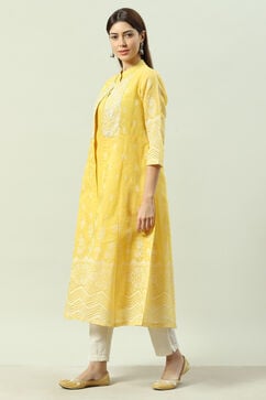 Yellow Art Silk Flared Printed Kurta with Jacket image number 3