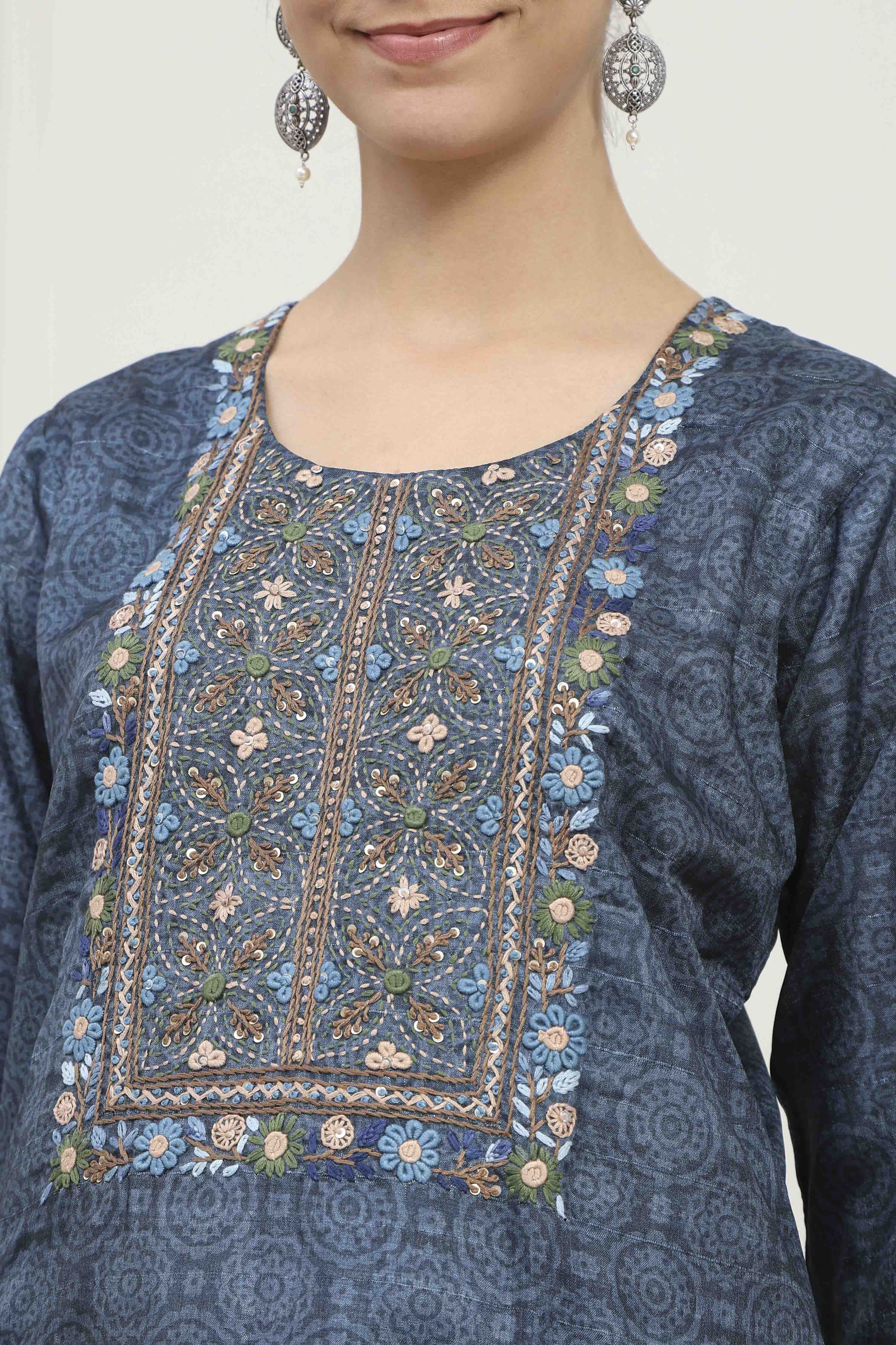 Mustard Silk Tussar Hand Embroidered Unstitched Suit Set image number 2