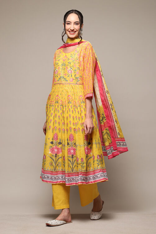 Yellow Cotton Anarkali Kurta Palazzo Suit Set image number 5