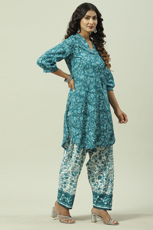 Teal Blue Cotton Straight Kurta Relaxed Salwar Suit Set image number 5