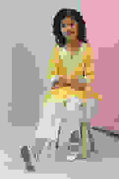 Yellow and White Cotton Printed Kurta Set image number 0