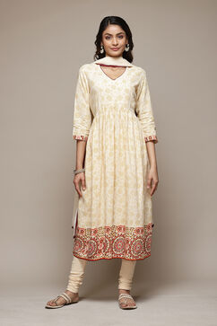 Beige Rayon Gathered Kurta Churidar Suit Set image number 7