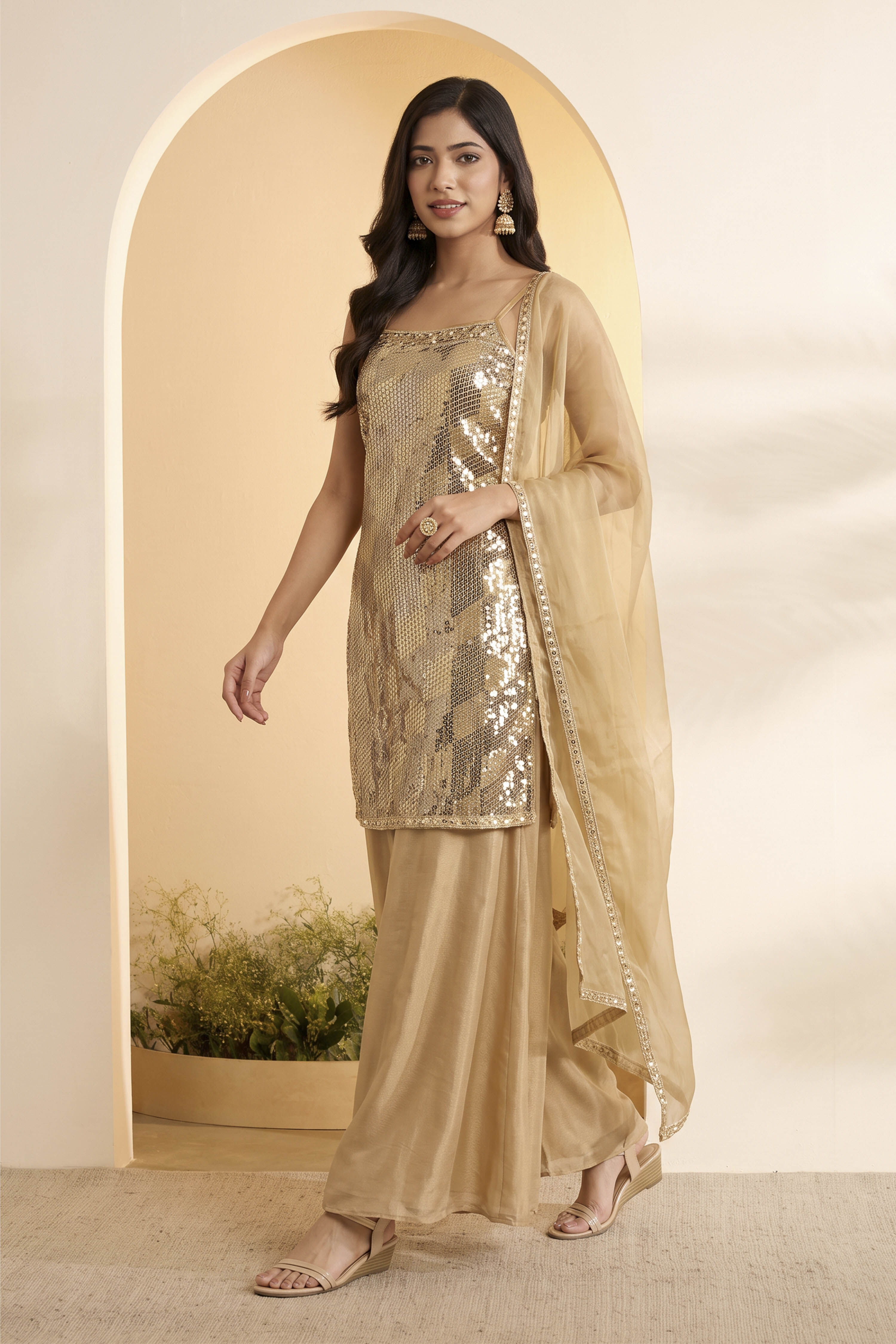 Gold Viscose Georgette Straight Suit Set image number 2