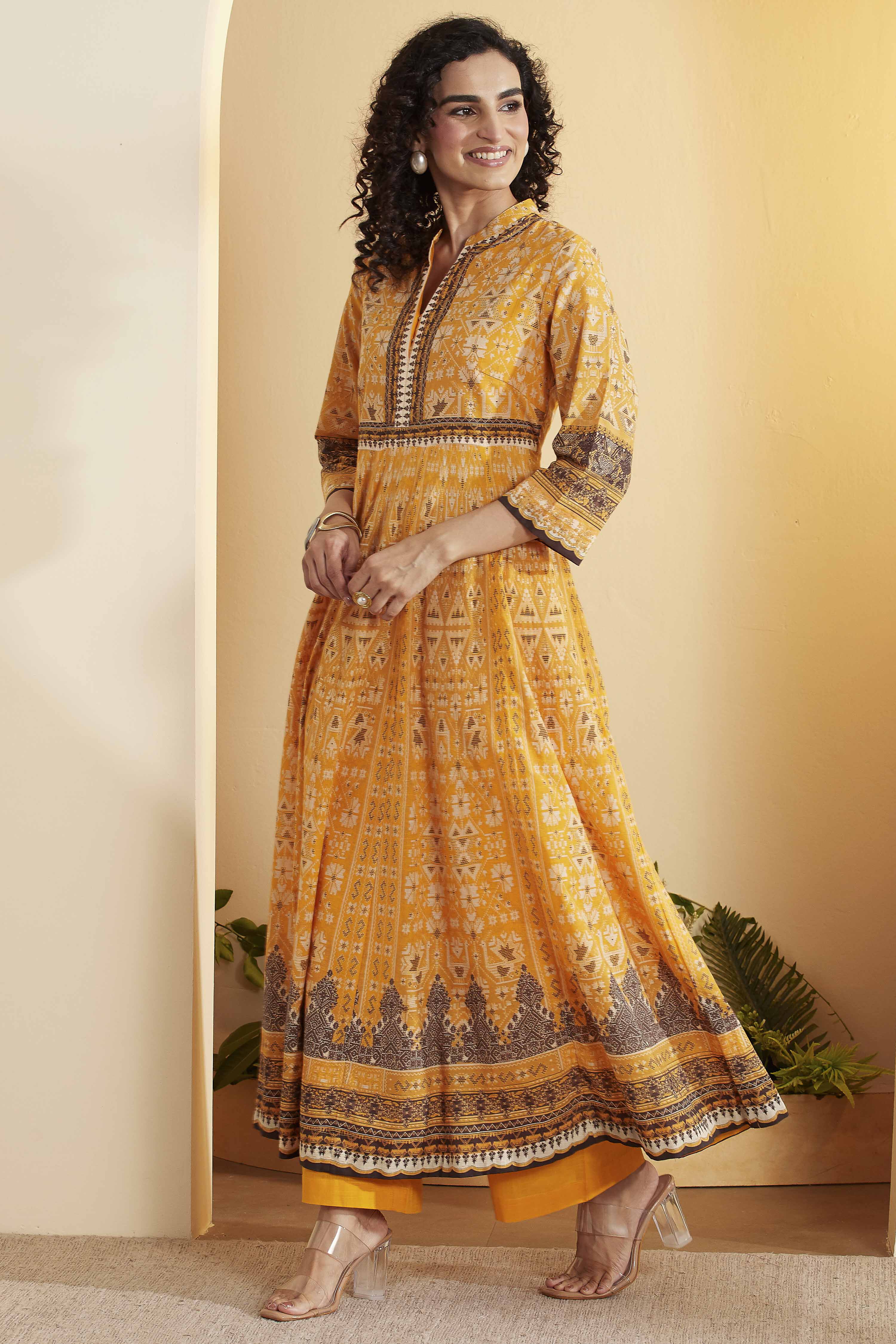 Yellow Cotton Anarkali Kurta Pants Set image number 3