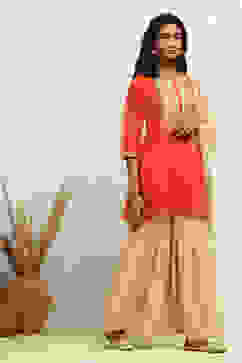 Orange Embroidered Festive Straight Suit Set image number 5