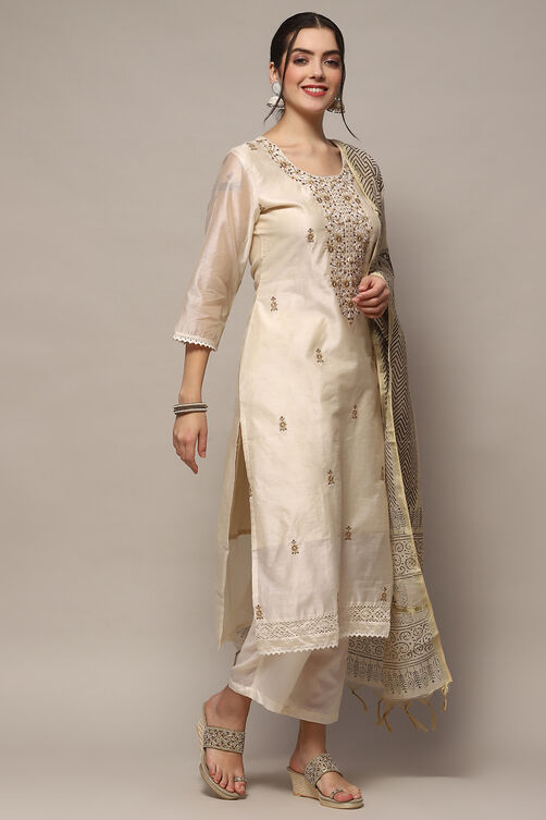 Off White Chanderi Blend Unstitched Suit set image number 7