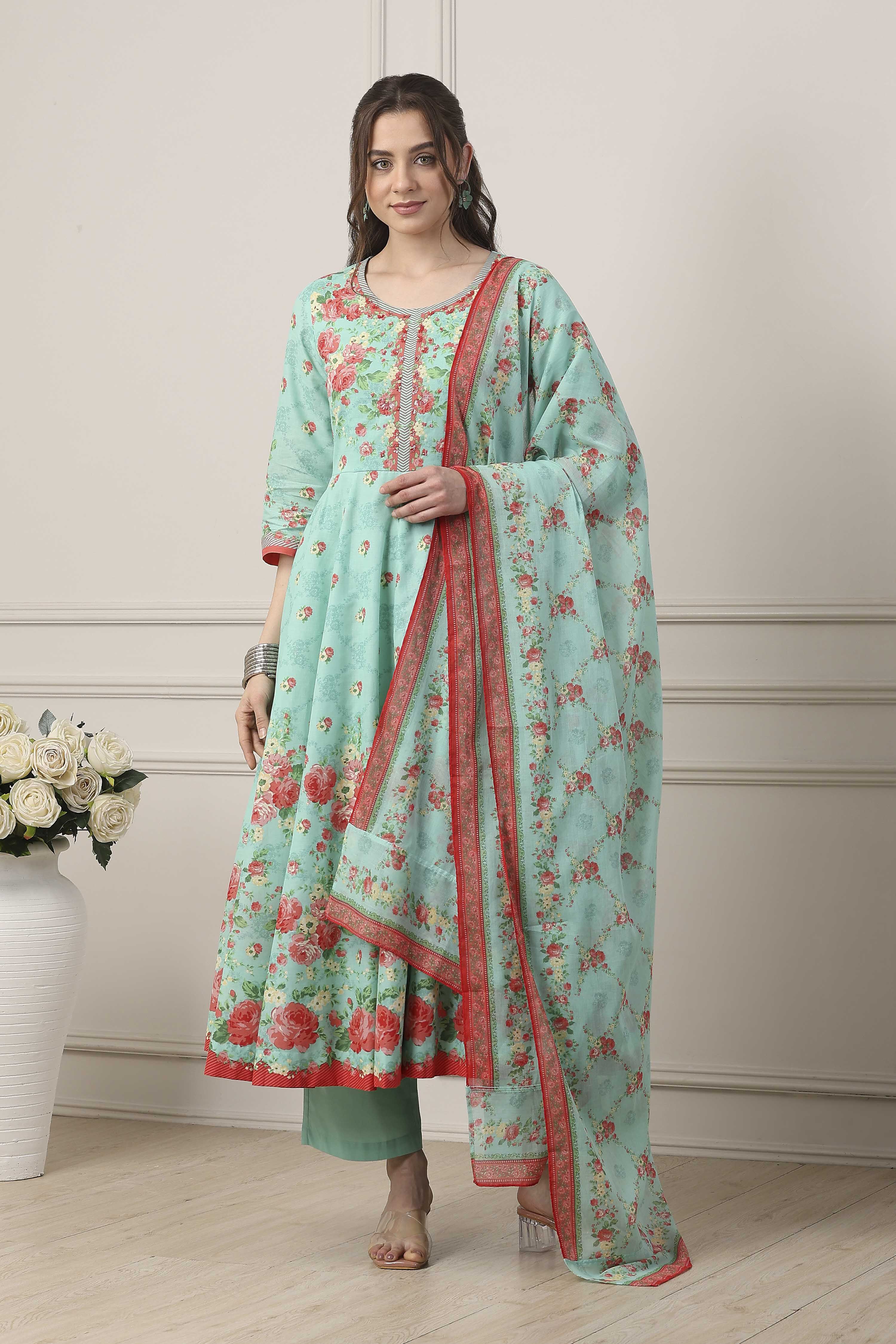 Blue Cotton All-Over Floral Kalidar Suit Set image number 6