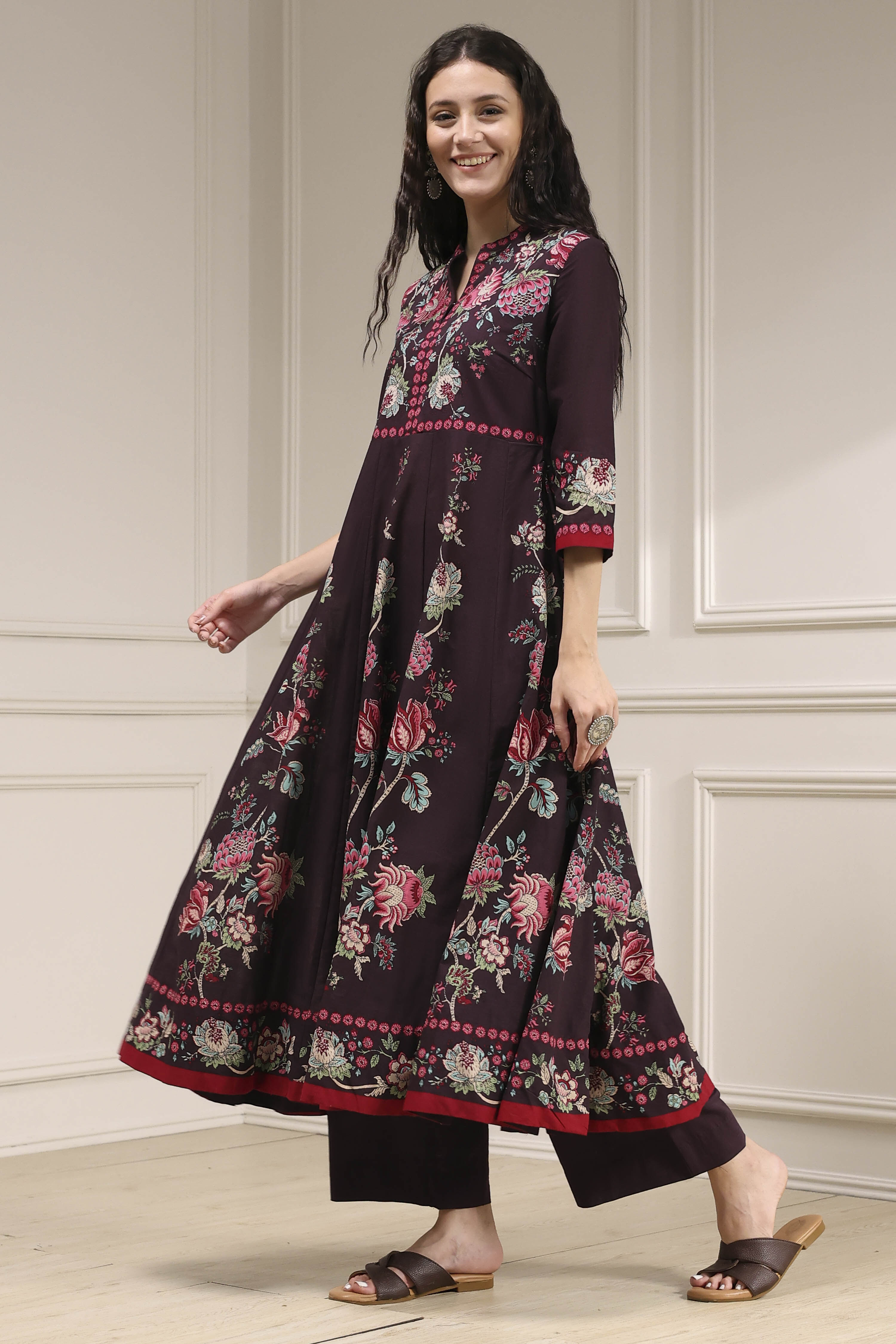 Brown Cotton Printed Anarkali Suit Set image number 3