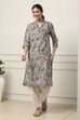 Grey & White Cotton Floral Printed Straight Kurta image number 5