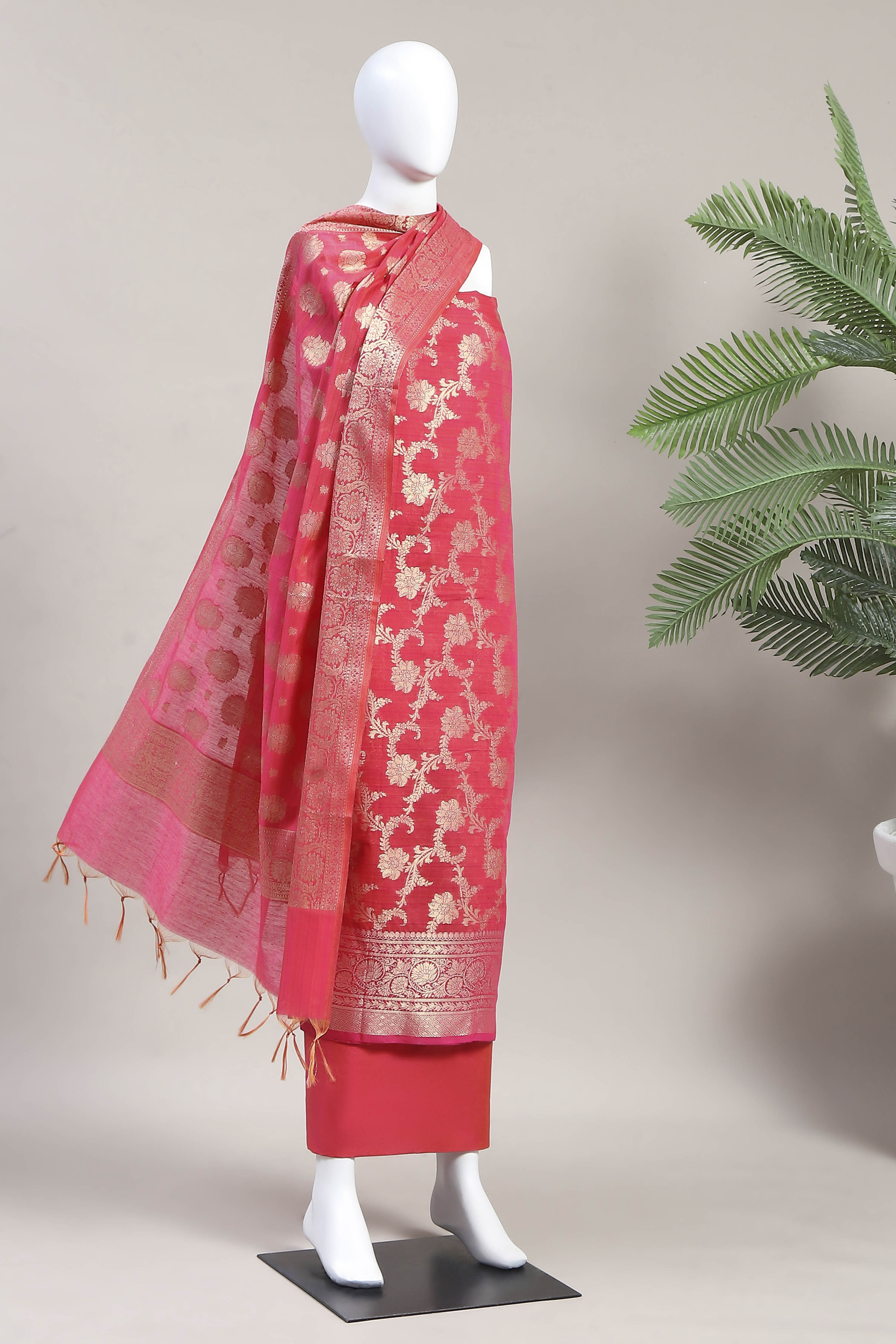 Orange Cotton Printed Embroidered Unstitched Suit Set image number 4