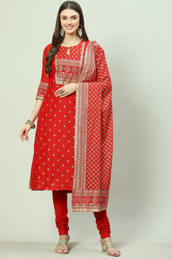 Red Art Silk Layered Kurta Churidar Suit Set image number 6