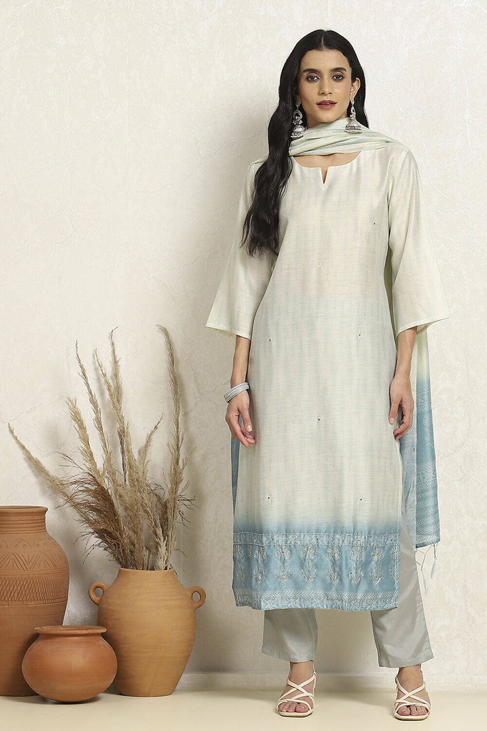 Orange Chanderi Woven Unstitched Suit Set image number 1