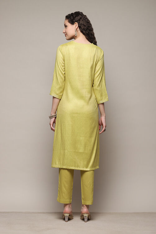 Lime Green LIVA Straight Kurta Pant Suit Set image number 4