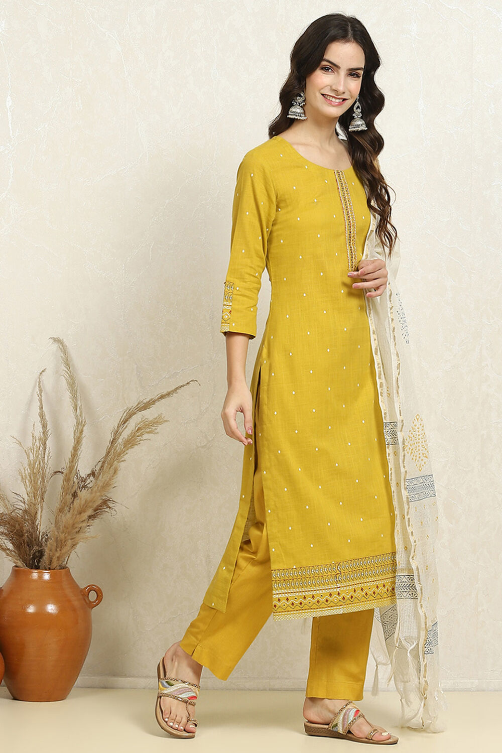 Yellow Cotton Handloom Unstitched Suit Set image number 6