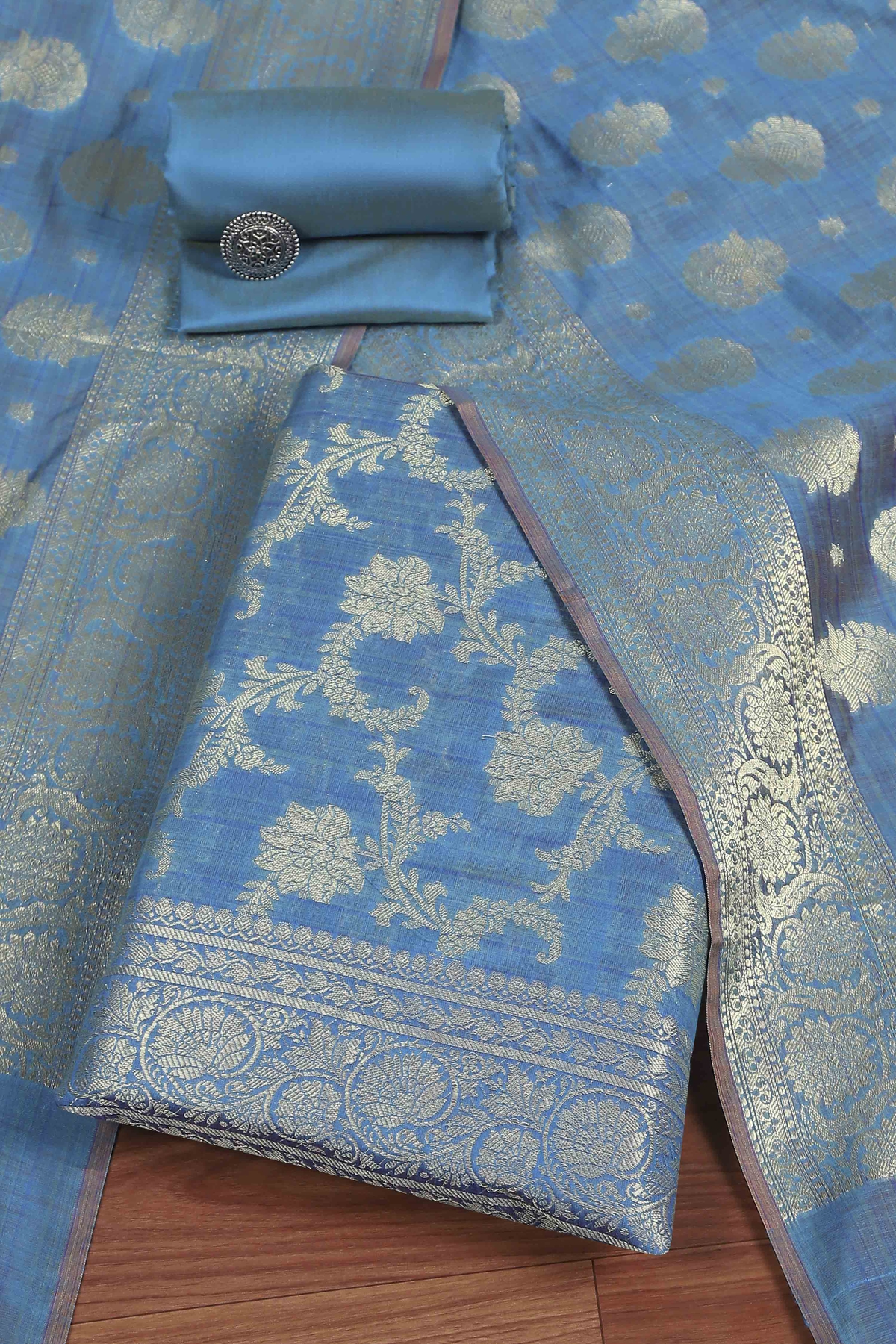 Blue Cotton Printed Embroidered Unstitched Suit Set