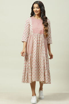 Cream Cotton Flared Printed Kurta Dress image number 0