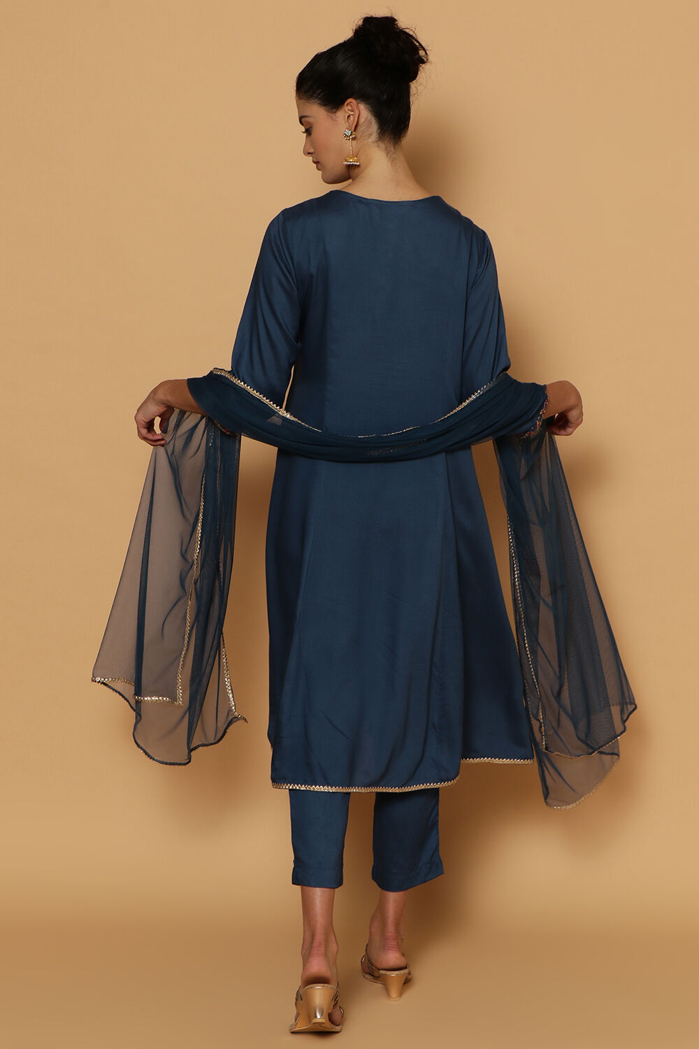Blue Rayon Kalidar Kurta Slim Pant Suit Set image number 5