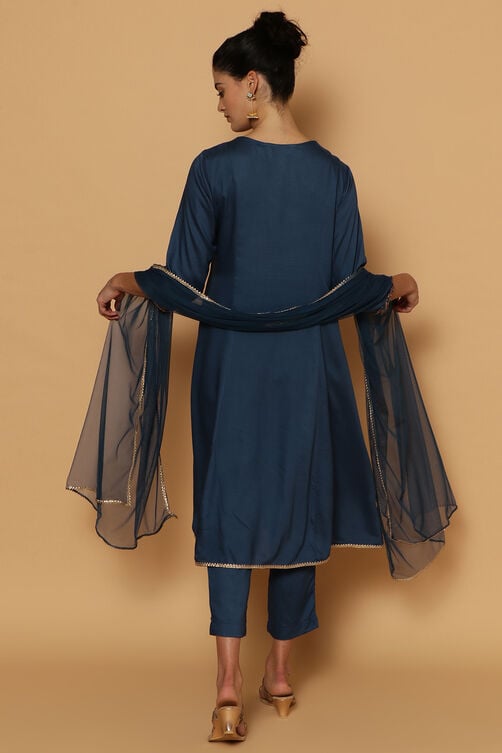 Blue Rayon Kalidar Kurta Slim Pant Suit Set image number 6