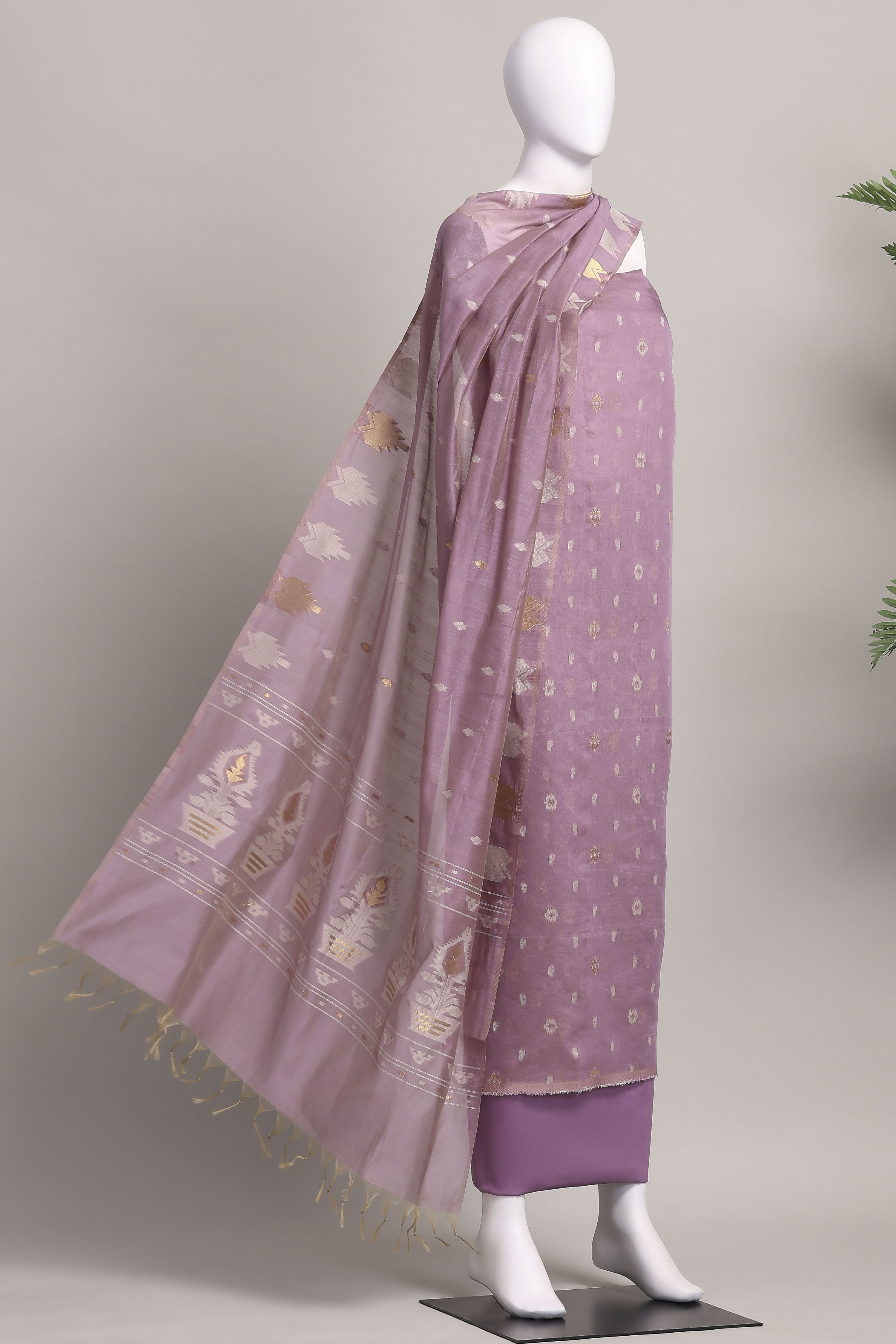 Lavender Cotton Jamdani Unstitched Suit Set image number 4