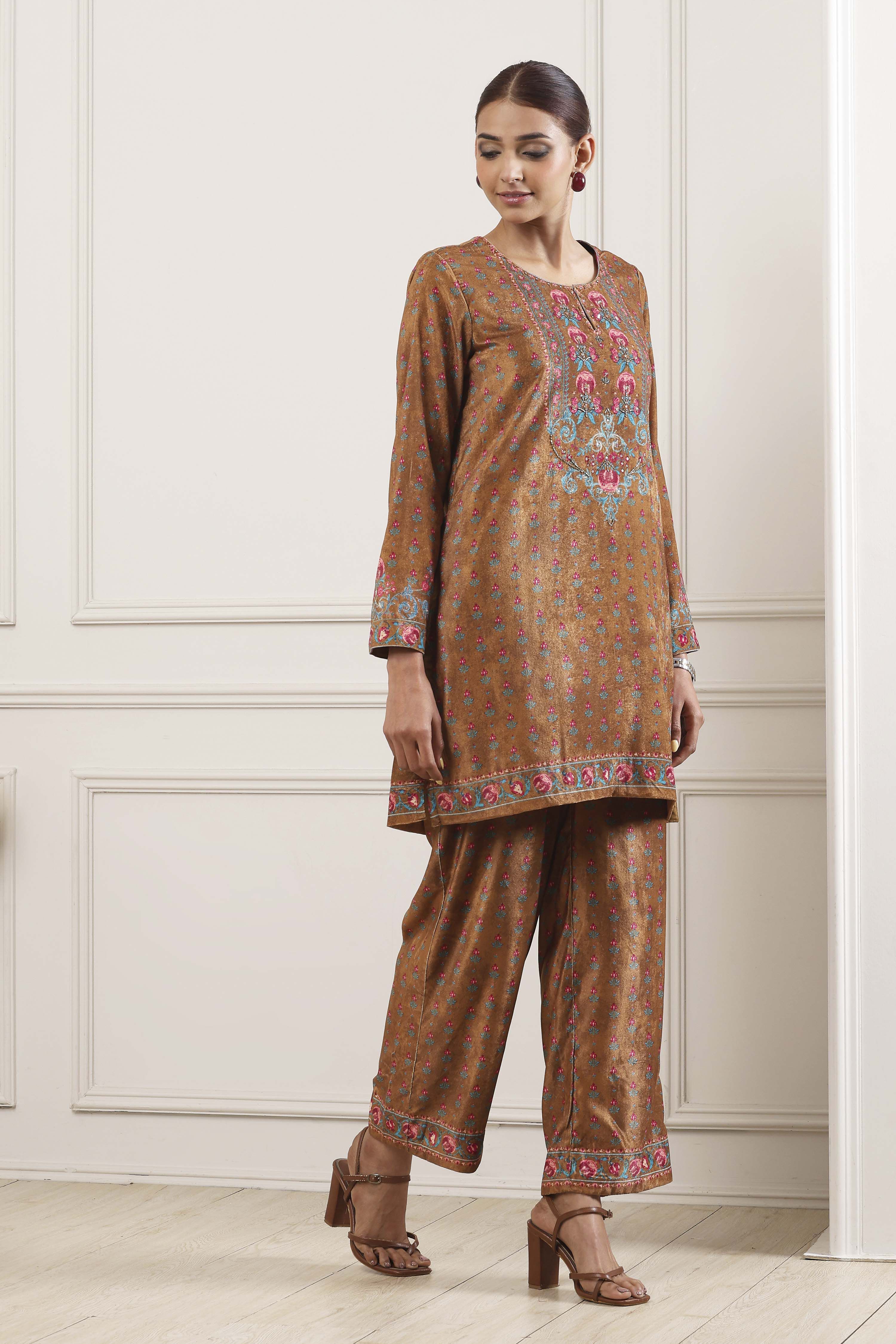 Ochre Yellow Polyester Printed Kurta Pants Set image number 5