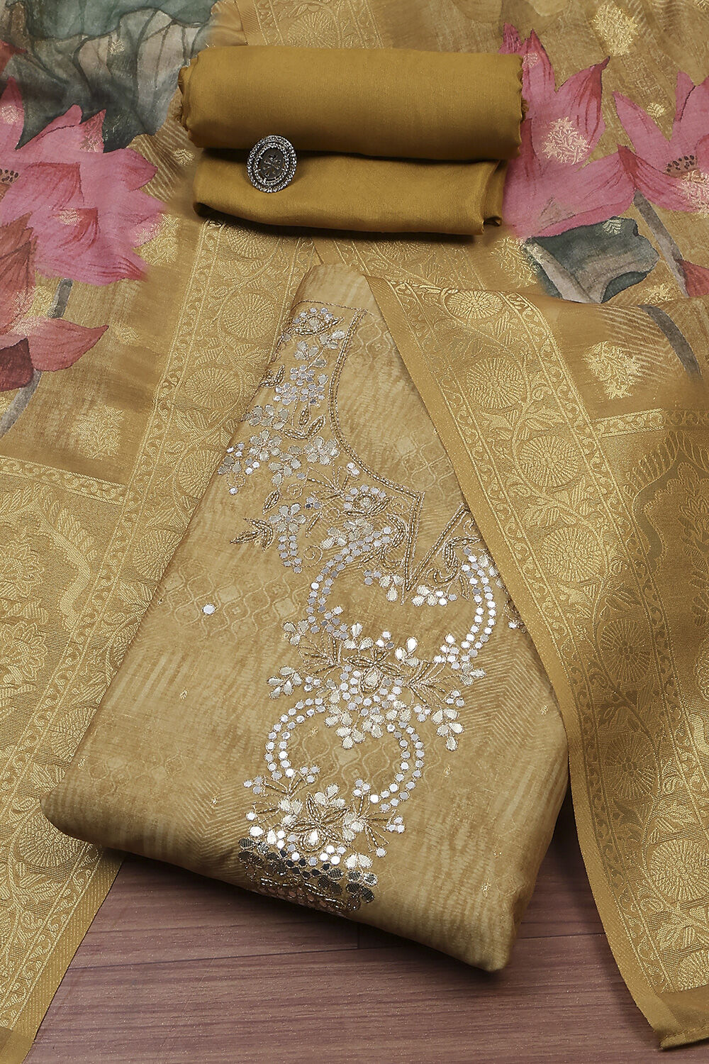 Coral Chanderi Printed Unstitched Suit Set image number 0