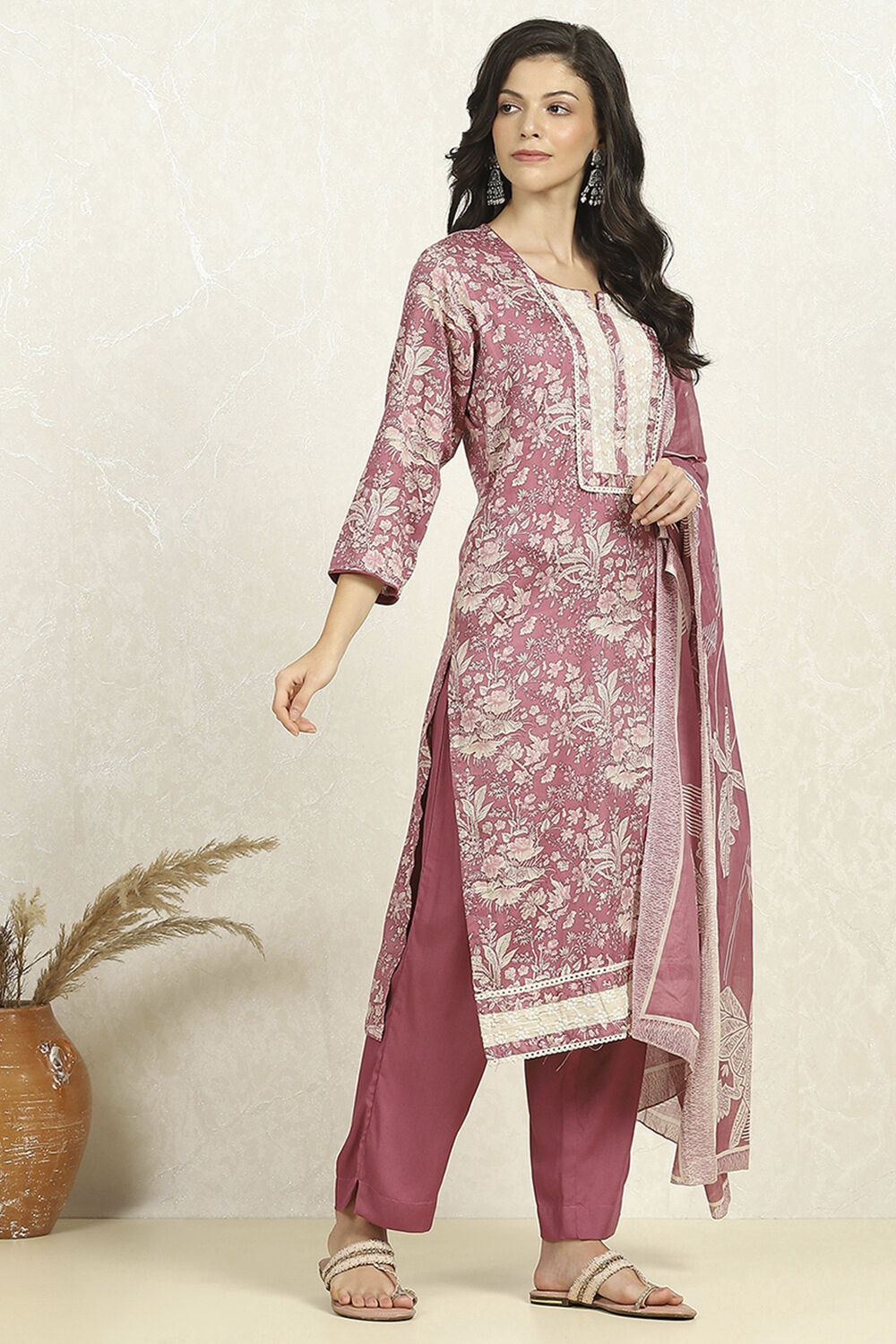 Purple Cotton Floral Printed Unstitched Suit Set image number 6