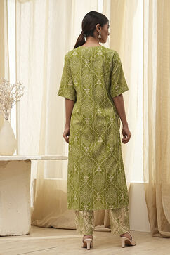 Lime Green and Beige Printed Straight Kurta Set image number 4