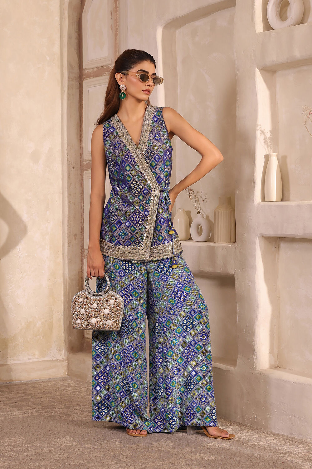 Blue Chanderi Front Open Printed Co-ord Set image number 6