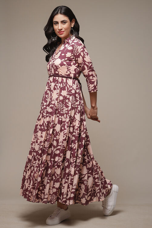 Beige Cotton Tiered Printed Dress image number 3