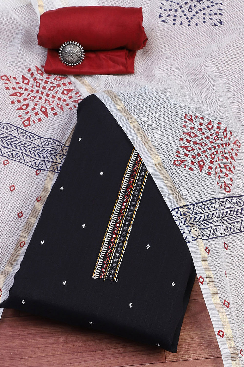 Yellow Cotton Handloom Unstitched Suit Set image number 0