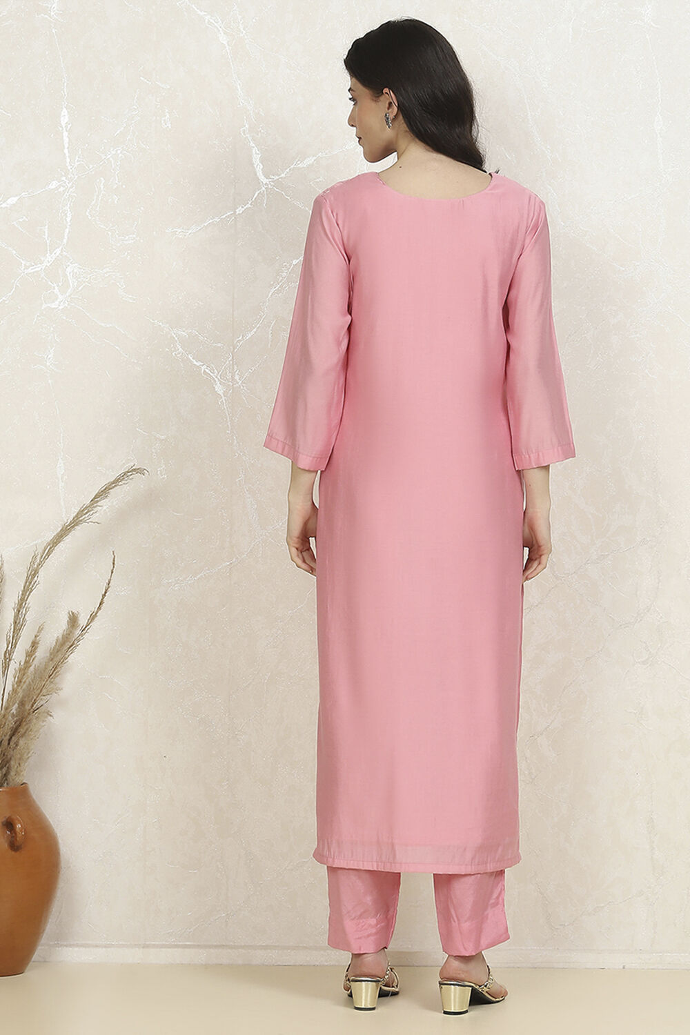 Pink Silk Blend Machine Embroidered Unstitched Suit Set image number 5