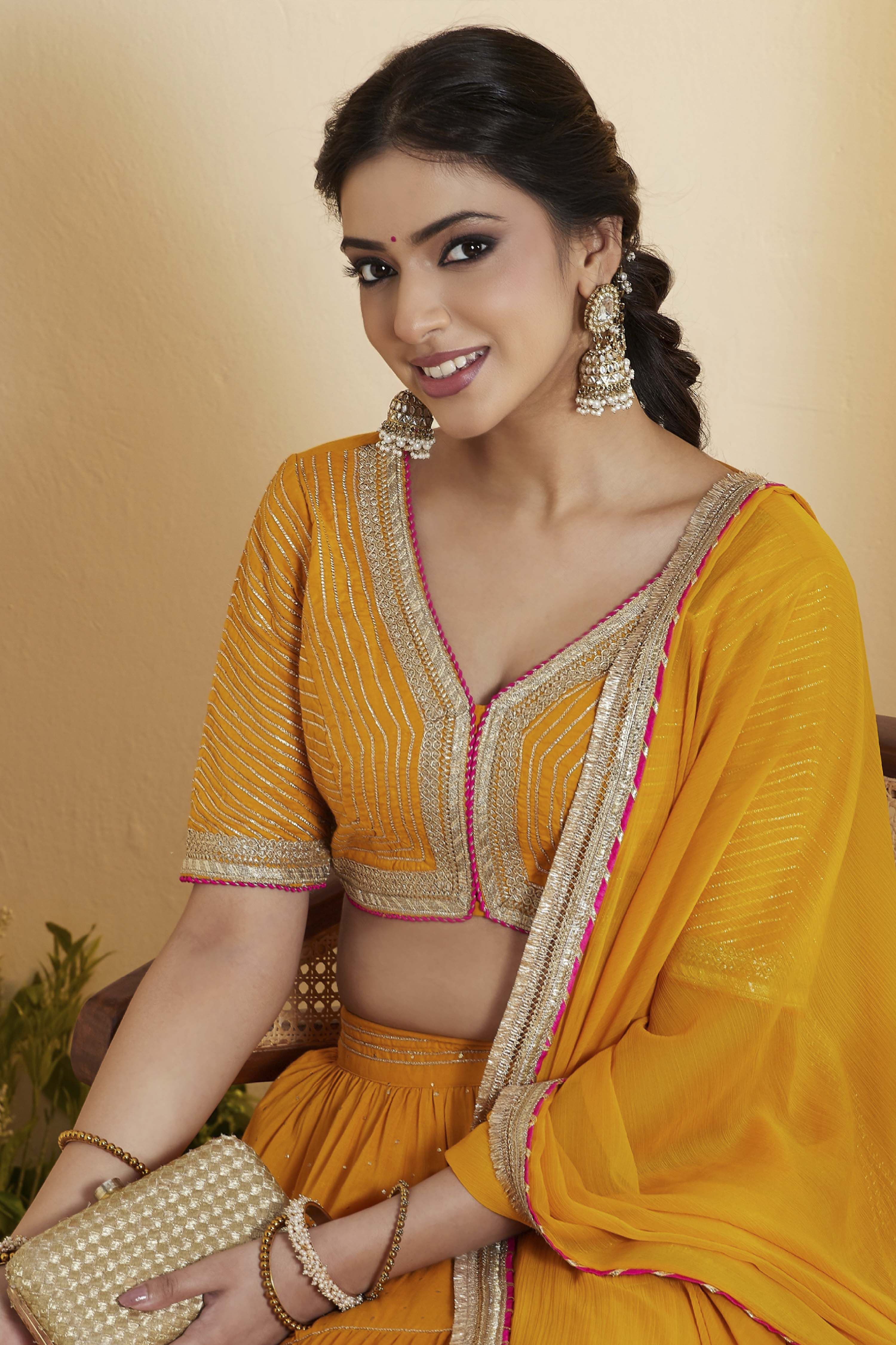 Mustard Cotton Gathered Lehenga Set image number 8