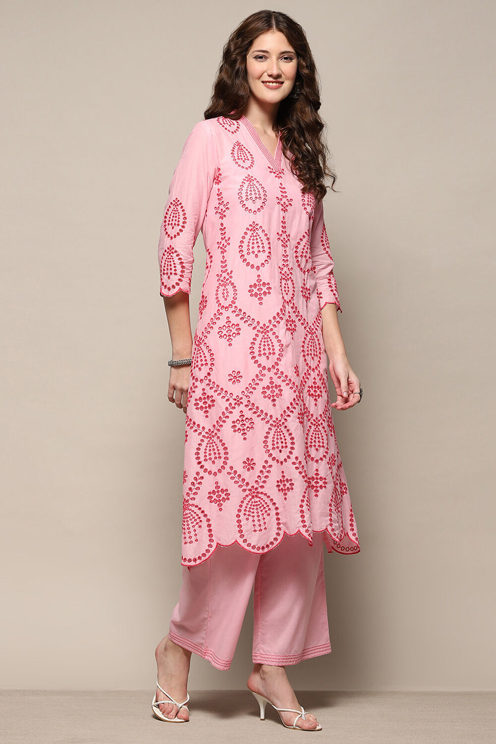 Pink Pure Cotton Schiffli Kurta & Palazzo Suit Set image number 5