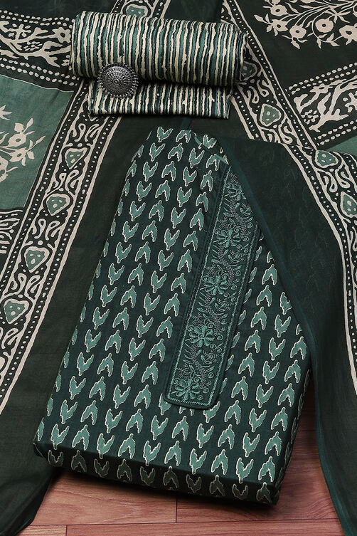 Green Cotton Screen Printed Unstitched Suit Set image number 0