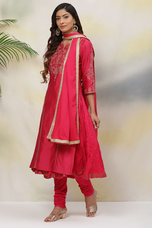 Crimson Red Cotton Silk Straight Kurta Churidar Suit Set image number 6