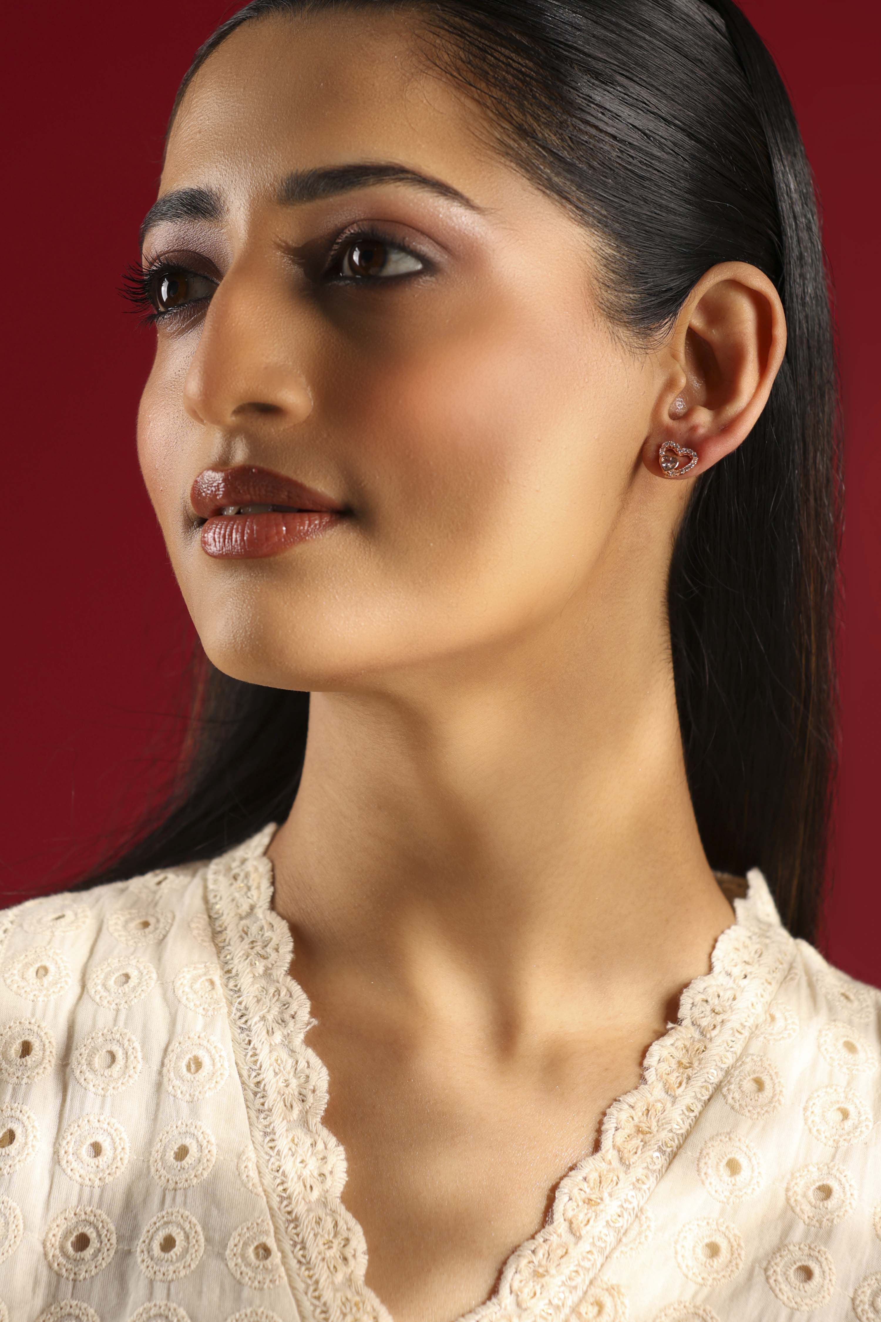 Gold Plated Brass Twin Heart-Shaped Stud Earrings image number 3