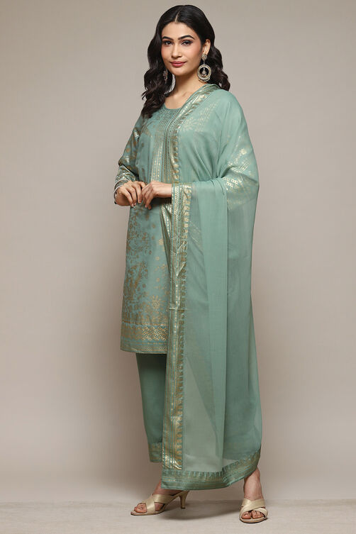 Sage Green Cotton Blend Straight Kurta Pants Suit Set image number 5