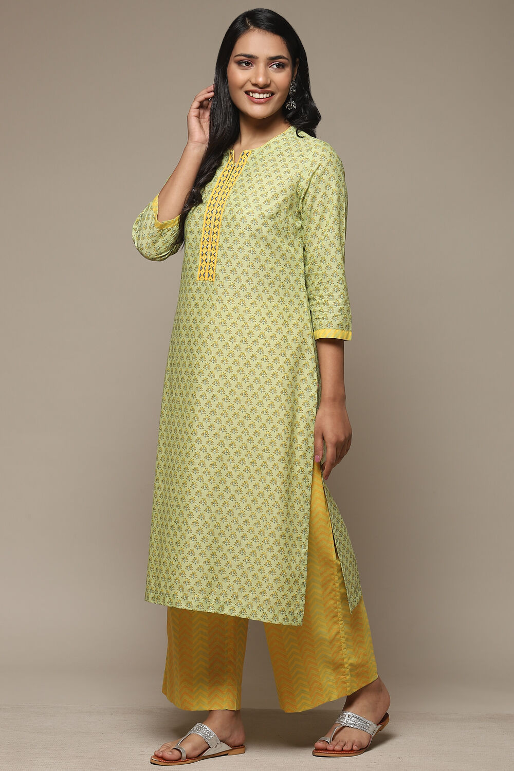 Off White Cotton Straight Kurta Palazzo Suit Set image number 0